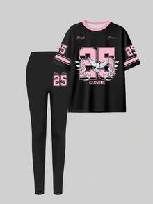 SHEIN 2pcs Women Casual Creative Number 28 Contrast Color Print T-Shirt And Leggings Set, Fall Outfit 2pc Clothing 2 Pieces Sets - Multicolor - View 4