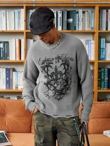 Manfinity EMRG 男士休闲字母图案圆领落肩长袖毛衣，秋季 - 灰色 - 查看 3