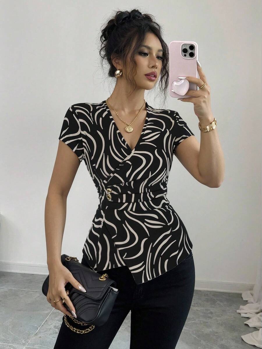 EMERY ROSE Áo cánh xếp ly tay bồng bềnh trang trí kim loại thanh lịch dành cho nữ, thích hợp cho đi làm hàng ngày, đi chơi, hẹn hò, áo nỉ Halloween, trở lại trường, lễ Tạ ơn - Nhiều màu - Xem 1