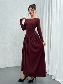 DAZY Women's Solid Color Long Sleeve Ruched Fitted Dress Red Women Dresses