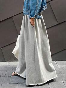 INAWLY Pantalon décontracté ample à cordon de serrage et poches, couleur unie, grandes tailles - Gris - Voir 2