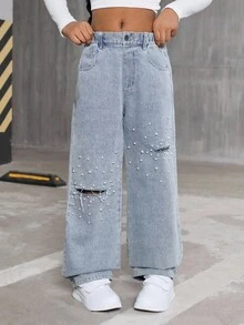 Fashionable Distressed Pearl Embellished Girls Wide Leg Straight Jeans Fall Winter - Light Wash - View 1