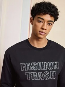 Mainfolk Men's Standard Size Short Sleeve Casual T-Shirt, Printed With Rhinestones, Round Neck, Summer - Black - View 3