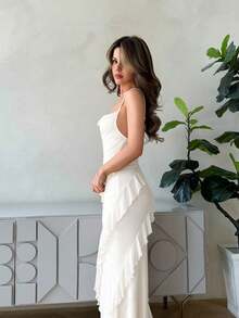 Jemour 1pc Women's Romantic Date Spaghetti Strap Ruffled Neck Bodycon Long Dress With Ruffle Trim, Spring/Summer,White Graduation Dress - White - View 4