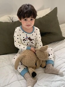 DAZY 男婴圆领波点卡通舒适长袖上衣和裤子睡衣套装秋冬