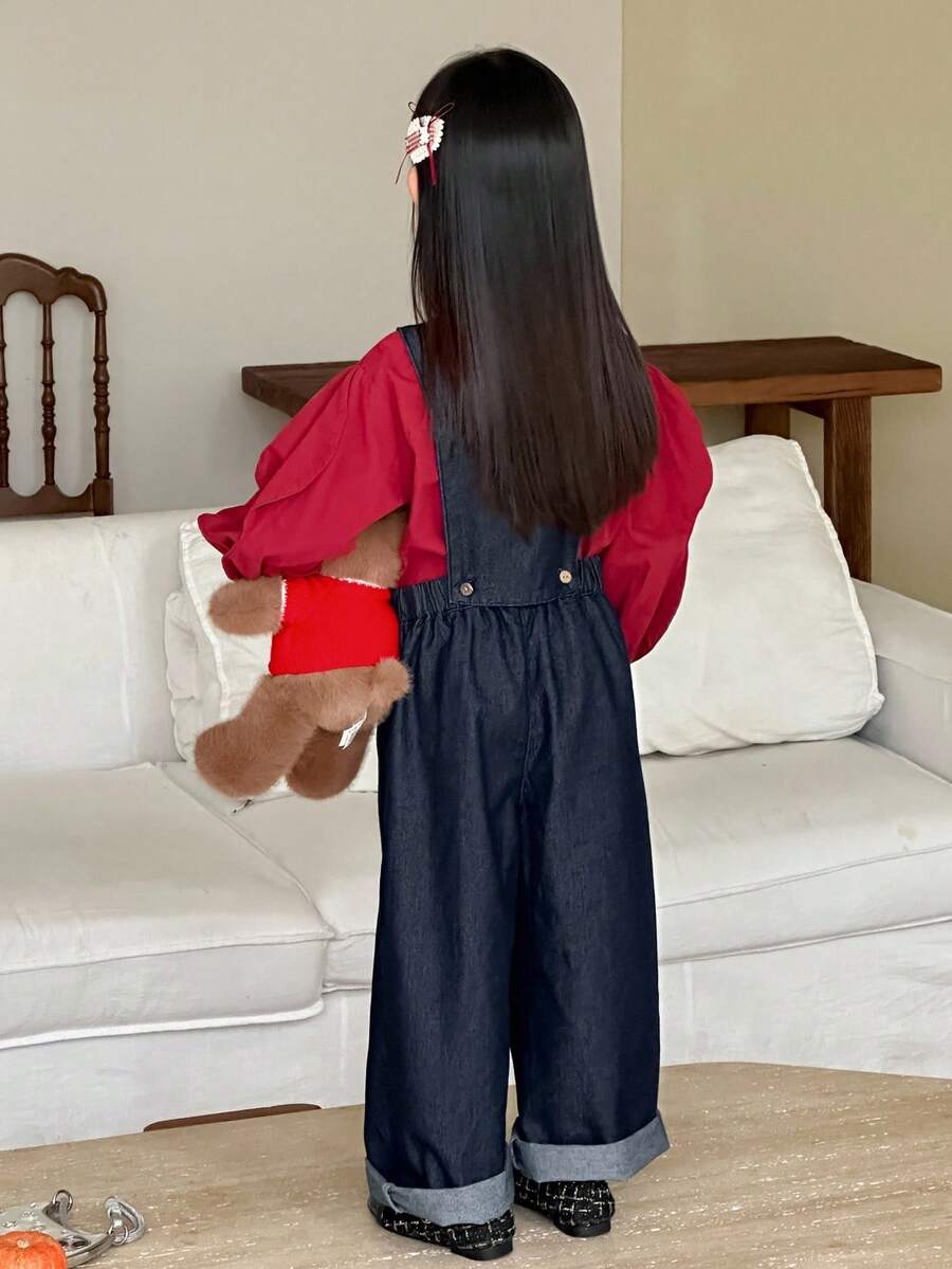 DAZY 年轻女孩休闲水洗宽松牛仔背带裤秋冬 - 藍色 - 查看 1