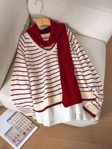 CosyJoli Plus Size Women Fashion Casual Daily 2 Pieces Set, V-Neck Pullover Sweater & Scarf, Versatile Peach Striped Design Fall Sweater V-Neck Sweater Women Pullover Sweater Striped Sweater Women Striped Sweater