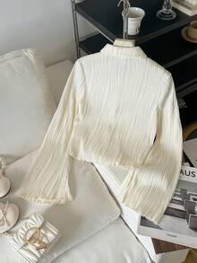 SHEIN 优雅简约法式纹理波浪条纹衬衫 - 米色 - 查看 3