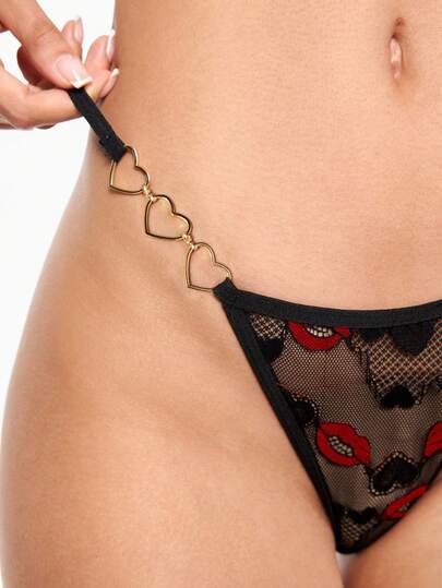 Kawaii 1pc Sexy Lace & Metal Heart Decor Sheer Panty For Women