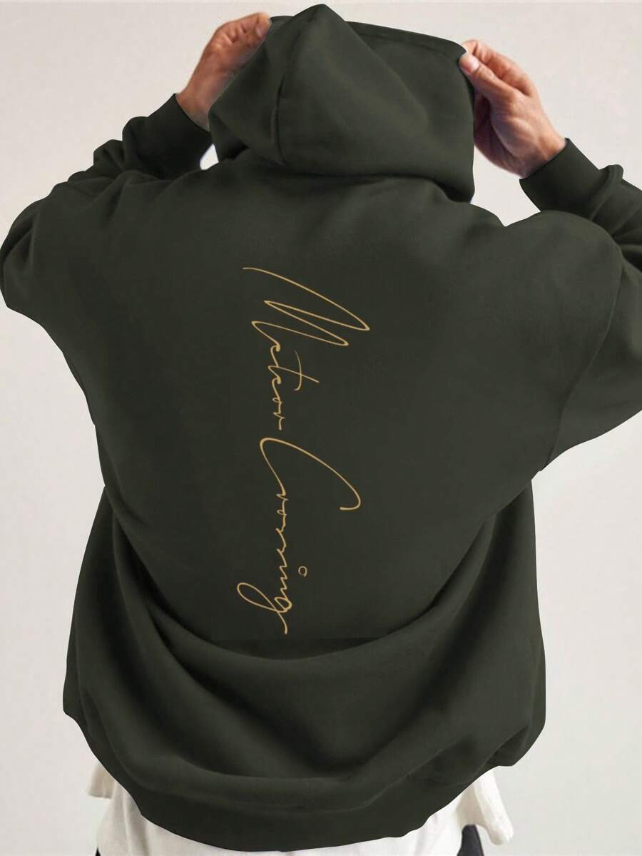 RueChic 100%Cotton Men Slogan Graphic Pocket Drawstring Hoodie - Army Green - View 1