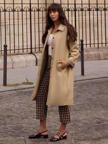lacRébo Beige Oversized Trench Coat With Button Front Opening And Check Lining Fall Spring Summer Coat Old Money Style Luxury Premium - Apricot - View 4