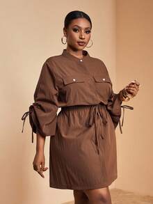 Veslaya Nouvelle robe chemise élégante pour le printemps/été, décontractée et polyvalente pour la navette, les vacances, les sorties et le quotidien. Col montant, manches raglan, taille avec cordon de serrage, poches, en tissu tissé. grande taille. Couleur marron - Tabac - Voir 5