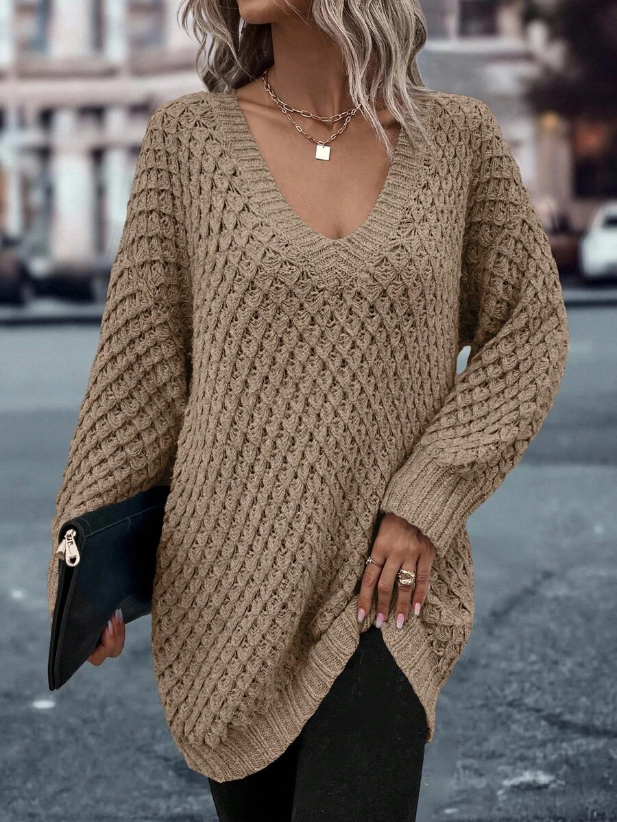 EMERY ROSE Casual Solid Color V-Neck Oversized Sweater, Autumn/Winter - Khaki - View 1