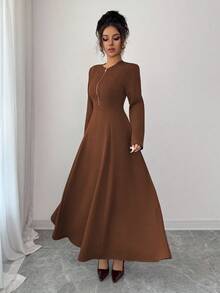 Elenzga Gaun Midi Wanita Elegan Warna Cokelat Kopi, Leher Bulat, Resleting Depan, Desain Mewah, Pas di Pinggang, Lengan Panjang Mengembang, Cocok untuk Bepergian di Musim Gugur - Kopi - View 6