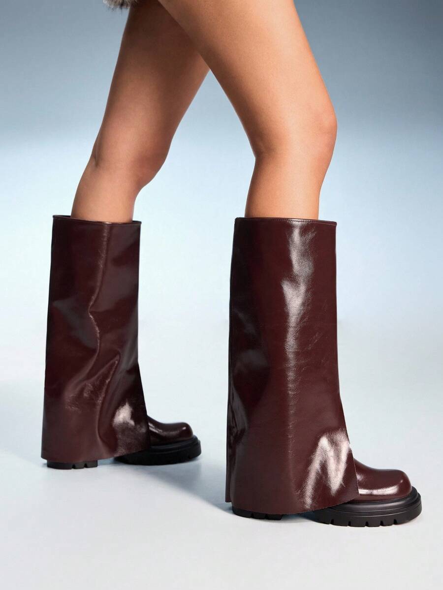 CUCCOO GRLICON 女士时尚棕色筒靴，厚底及膝靴，性感女士马靴，适合通勤、约会、派对、度假 - 咖啡棕 - 查看 1