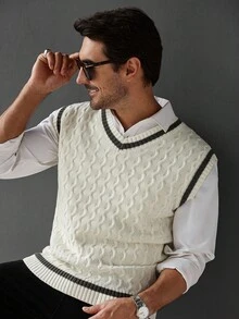 Manfinity Homme 男士休闲百搭撞色饰边针织毛衣背心，秋冬 - 白色 - 查看 6