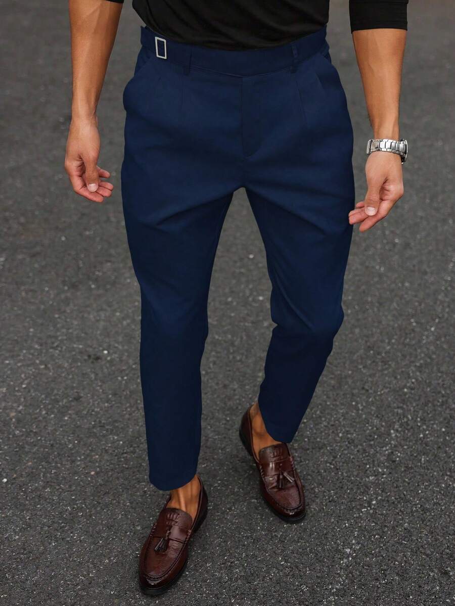 Calvornis Quần ống đứng công sở màu trơn có khóa thắt lưng cho nam - Màu xanh hải quân - Xem 1