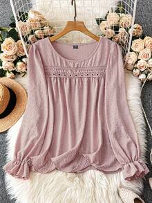 EMERY ROSE Blusa elegante y casual para mujer de talla grande con diseño de lunares sólidos, recortes de encaje y volantes - Rosa vieja - Ver 6