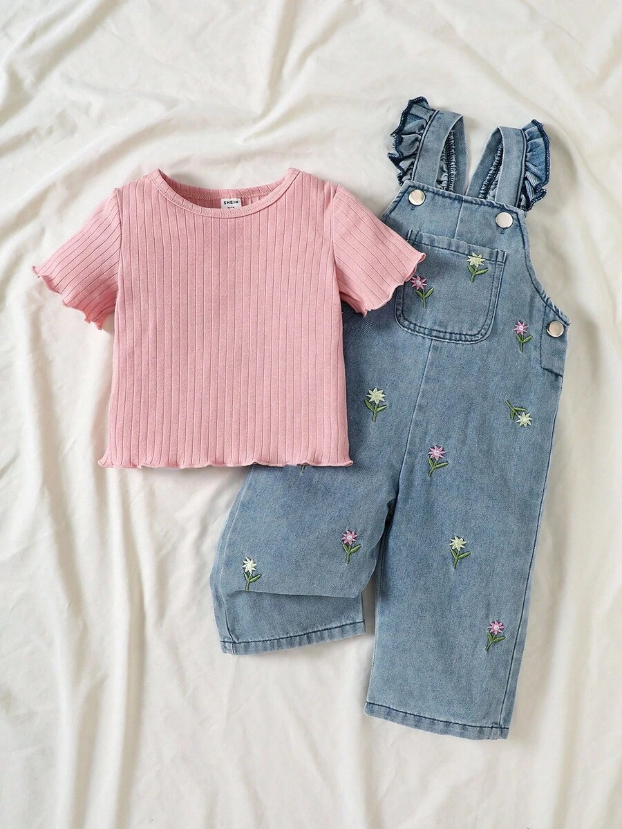 SHEIN Vintaside Kids 2件組女嬰可愛夏季度假套裝 素色短袖上衣&花卉刺繡牛仔吊帶褲 水藍色休閒春季日常穿搭 - 粉色 - 查看 1