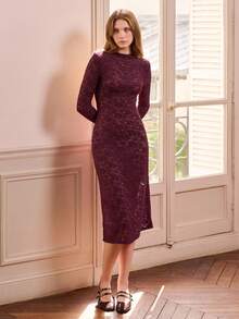 lacRébo Purple Semi-Sheer Midi Dress With Long Sleeves And Keyhole Detail Spring Spring Summer Office Dress Wedding Guest Dress - Purple - View 2