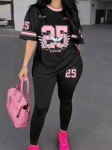 SHEIN 2pcs Women Casual Creative Number 28 Contrast Color Print T-Shirt And Leggings Set, Fall Outfit 2pc Clothing 2 Pieces Sets - Multicolor - View 3