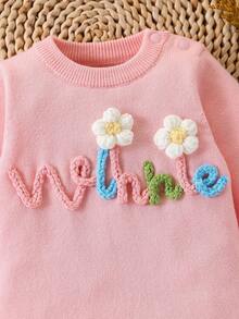 SHEIN 女嬰刺繡字母與花朵毛衣連身衣，休閒爬行服，適合旅行、休閒購物，秋冬穿著 - 珊瑚粉 - 查看 5