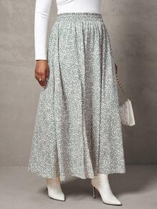 SHEIN Tall CURVE Váy xòe họa tiết hoa nhỏ xinh xắn dành cho kỳ nghỉ hè cỡ lớn - màu xanh lá - Xem 5
