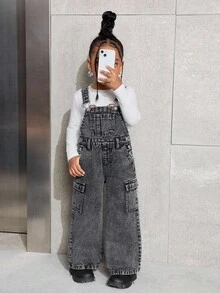 SHEIN 年轻女孩复古破旧灰色牛仔背带裤 - 灰色 - 查看 7