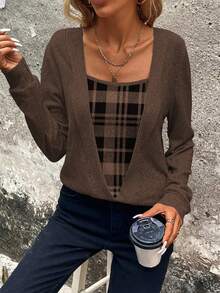 EMERY ROSE Women's Casual Plaid Patchwork Sweatshirt, Autumn,Fall - Coffee Brown - View 5