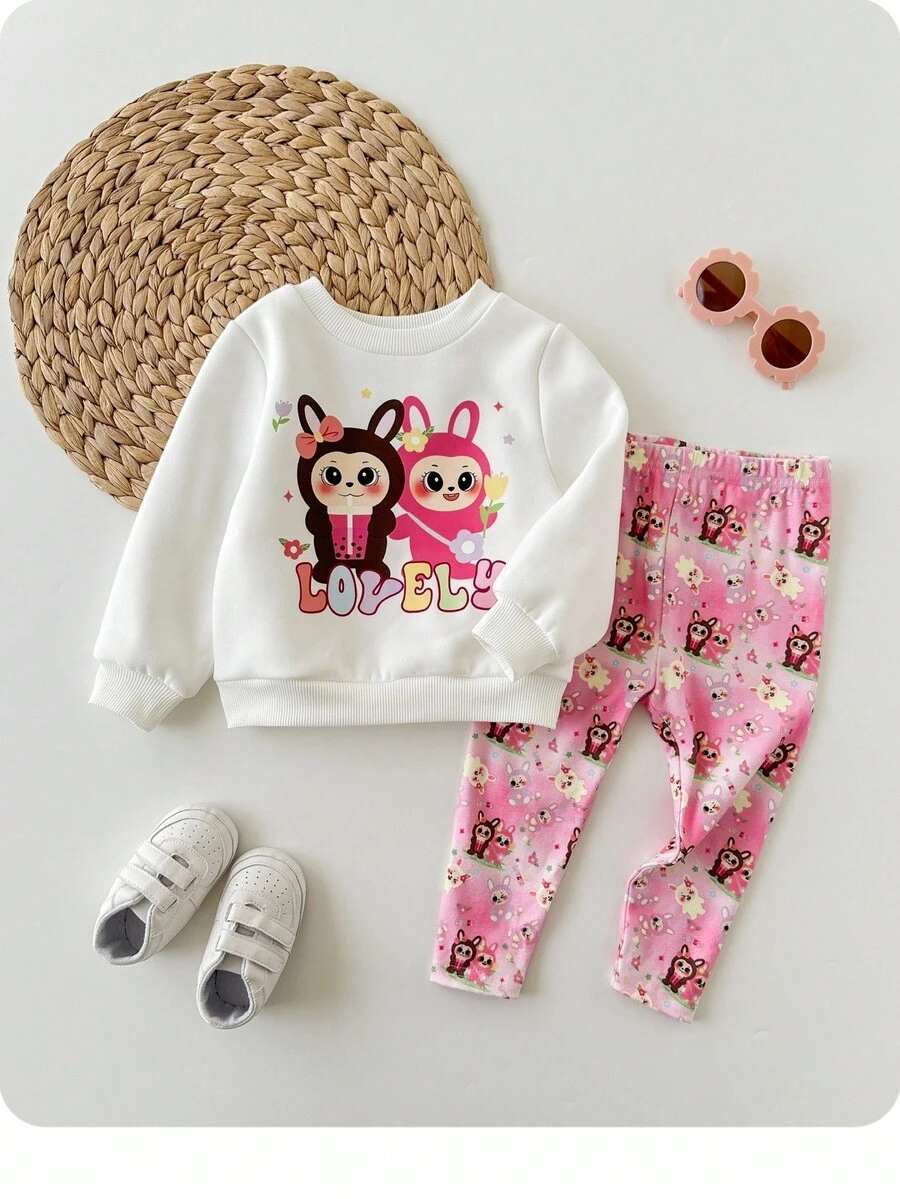 SHEIN Baby Girl Cute Cartoon Pattern Thermal Lined Long Sleeve Sweatshirt And Pants Set, Versatile For Autumn/Winter Fall - Multicolor - View 1