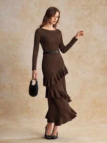 House of One Boat Neck Layered Ruffled Solid Satin Midi Dress Women Autumn Elegant Casual Wear