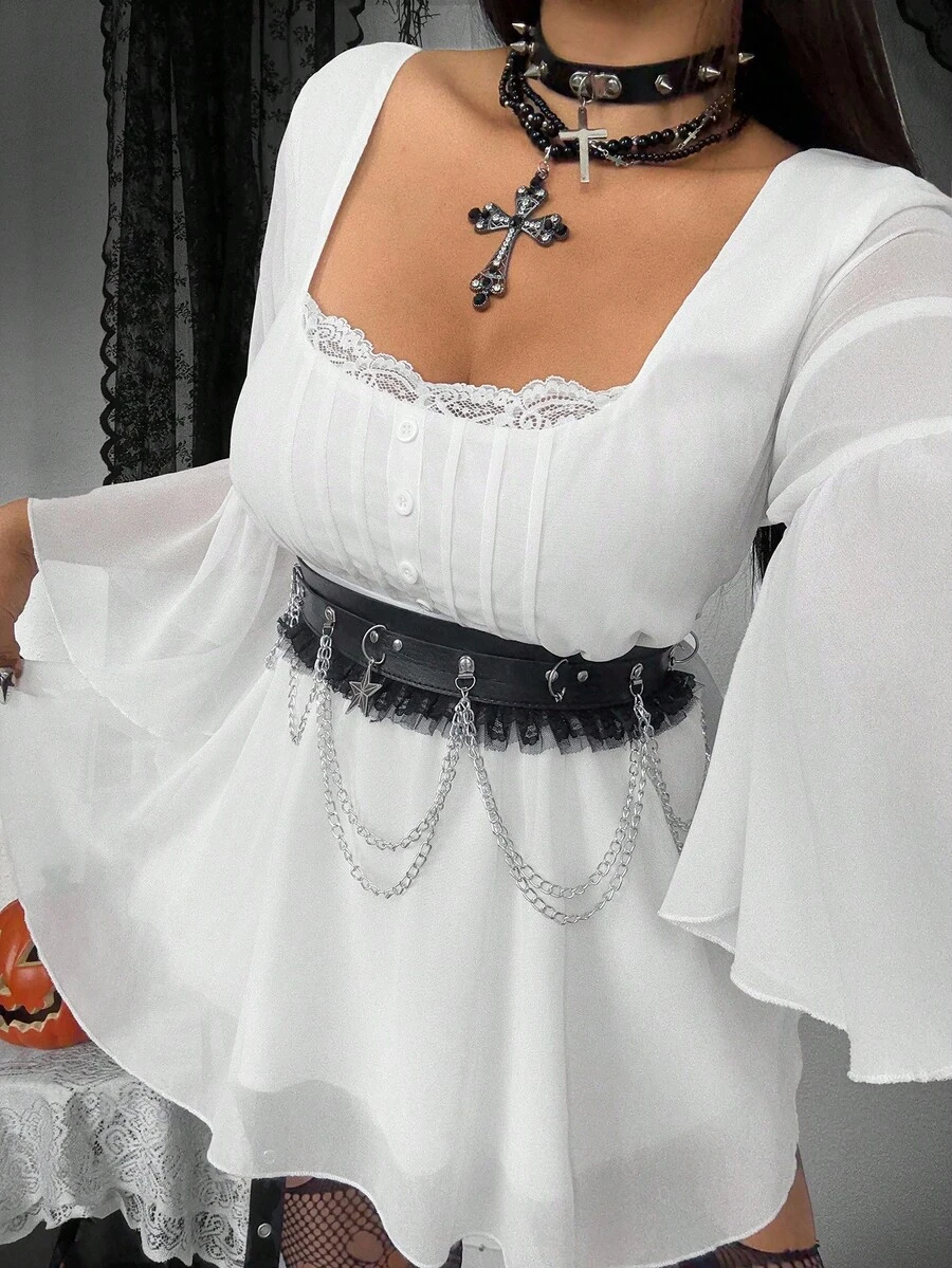 Whyspr Grunge Punk Plus Size Sweet Ruffle Sleeve Solid Color Blouse