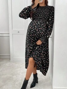 SHEIN 孕妇休闲碎花连衣裙，秋季 - 黑色 - 查看 7