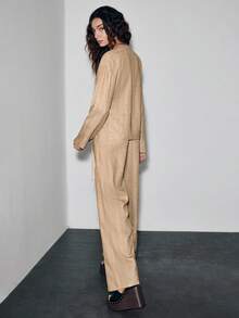Lumivelle Luminelle Women Casual Striped Print Tie Waist Loose Suit Set - Khaki - View 2