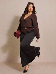 Elaquor Suéter de cárdigan elegante con cuello en V cruzado de unicolor para tallas grandes en otoño/invierno - Café integral - Ver 4