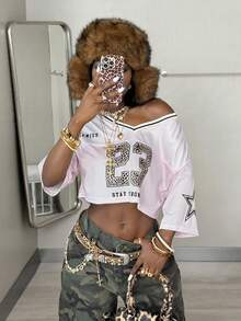 Coolane Women's Summer Streetwear Cute Sport Soccer  Letter Leopard  Print Cropped Versatile Pink Jersey T-Shirt - Pink - View 6