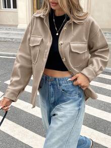 Serisse Flap Pocket Drop Shoulder Overcoat In Fall/Winter Casual - Camel - View 3