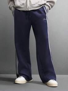 SUMWON 喇叭形慢跑裤，侧边饰带细节，优质冬季休闲服，舒适阔腿街头风长裤，饰有品牌标志设计，纯色 - 寶藍色 - 查看 4