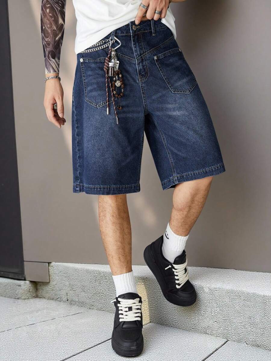 Manfinity EMRG Quần short denim Bermuda ống rộng thiết kế túi rộng cho nam - Rửa tối - Xem 1