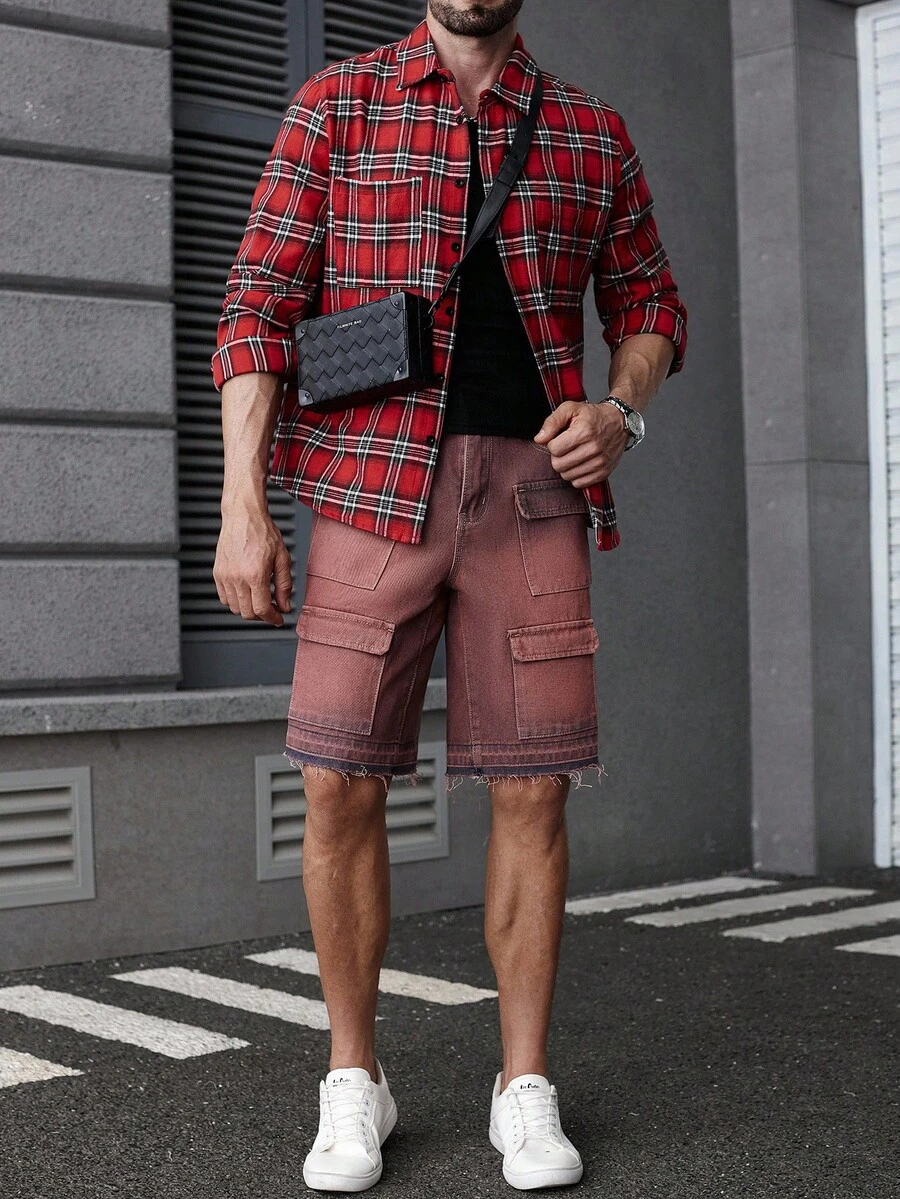 Manfinity Homme 男士时尚水洗做旧牛仔工装短裤,夏季,emo风格 - 紅色 - 查看 1