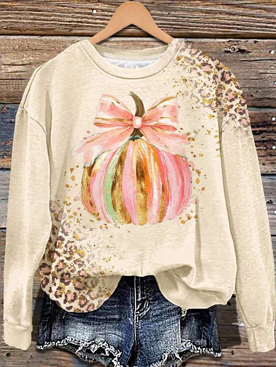 EMERY ROSE Pumpkin Graphic Crew Neck Sweatshirt With Faux Glitter Bow Accent, Halloween Sweatshirt, Halloween Digital Print Sweatshirt - Multicolor - View 1