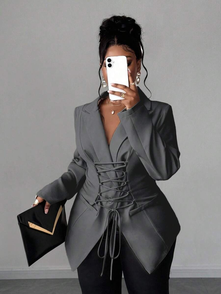 Maweii Plus Size Women's Business Commuter Suit With Tie Design, Mature And Charming