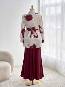 Sweetra 大码女式复古优雅V领玫瑰印花系带修身美人鱼裙两件套 - 酒紅色 - 查看 2