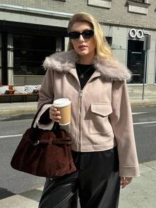 Auralis Plus Size Women's Autumn And Winter Fashion Casual Loose Comfortable Daily Warm Plush Patchwork Pocket Khaki Jacket, Plush Detachable Jacket,Women's Winter Clothes,Winter Coats