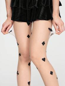 ROMWE Kawaii 1 双女士扑克牌印花长袜，适合搭配裙子，四季皆宜 - 米色 - 查看 2