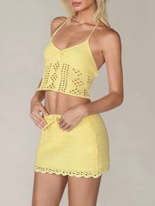 Aloruh 女士春夏度假奶油黄钩针镂空V领比基尼露背交叉吊带背心和超低腰迷你紧身钩针裙度假两件套，毛衣套装，沙滩度假装 - 黃色 - 查看 6