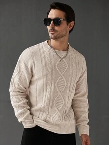 Manfinity Homme 男士休闲宽松针织毛衣，麻花图案，圆领，落肩，长袖，适合秋季穿着。男士毛衣，针织衫，麻花针织毛衣，男士套头毛衣。 - 杏色 - 查看 4