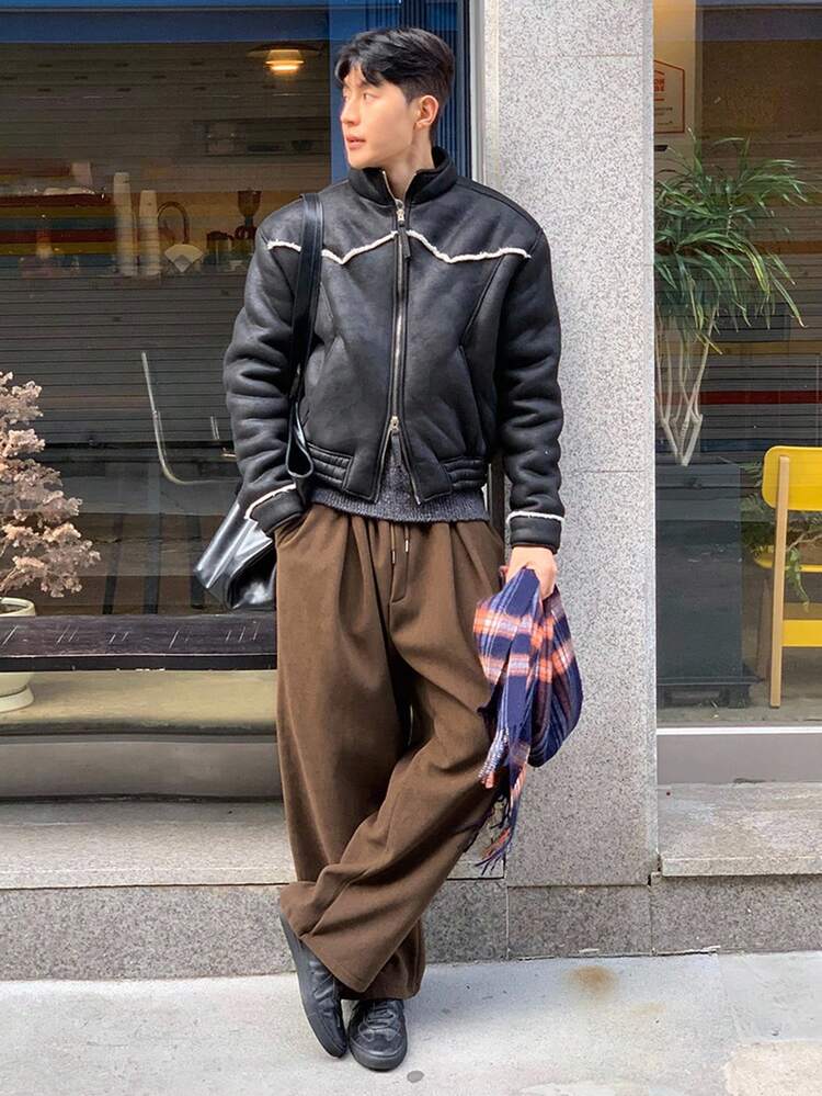 Men's Solid Color Pleated Design Corduroy Pants, Brown, Autumn, For Fall