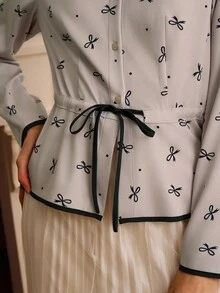 女士优雅浪漫蝴蝶结和波尔卡圆点印花撞色饰边系腰衬衫，适合花园茶会、约会、感恩节、返校、教师节、秋季 - 彩色 - 查看 5