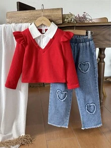 SHEIN Vintaside Kids 年轻女孩复古时尚休闲长袖撞色二合一T恤和心形刺绣水洗牛仔裤两件套，秋季/春季 - 玫紅色 - 查看 6